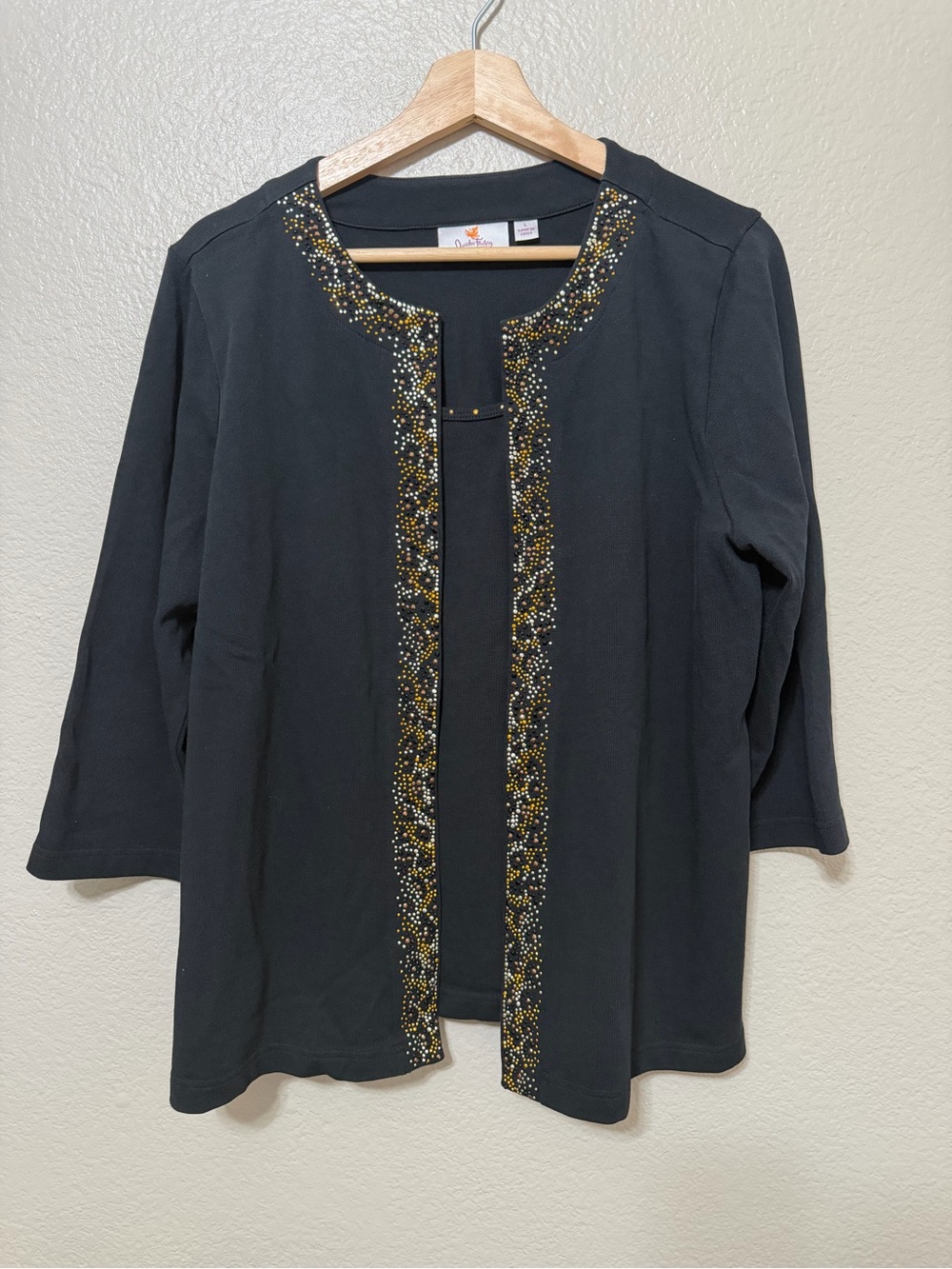 Quacker Factory Black Open Front Tunic with Gold and Silver Bead Trim L